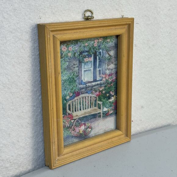 Hand Stitched Cross Stitch Garden Retreat Bench in Rose Garden Artwork 8.5 X 6.5 - Picture 4 of 5